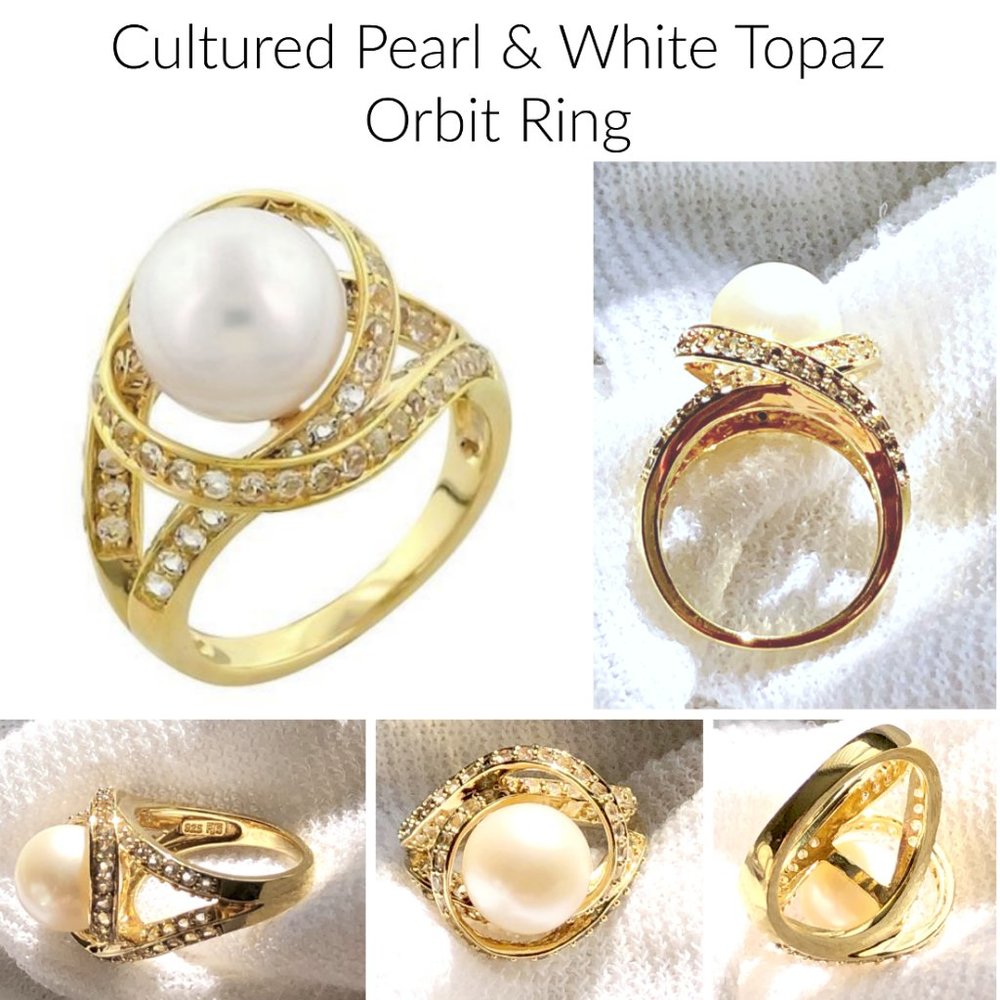 Cultured Pearl & White Topaz Orbit Ring